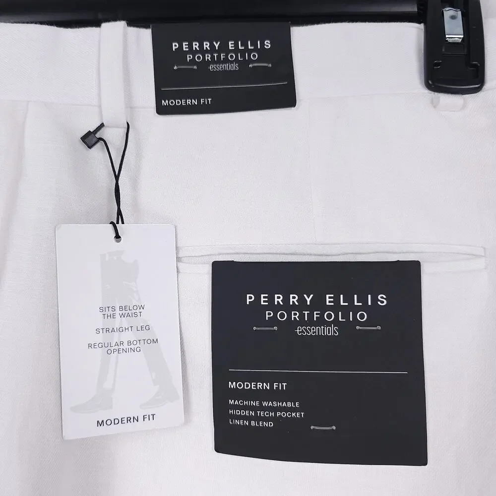 Perry Ellis Portfolio Mens Modern Fit Dress Pant 32x30 Bright White Linen Cotton